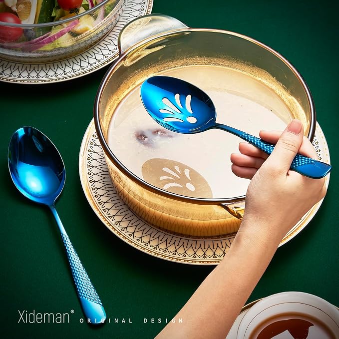 Xideman® 7-Piece Hammered 18/10 Stainless Steel Silverware Serving Utensil Set - Hostess Flatware with Cake Knife & Cake Server (Blue)