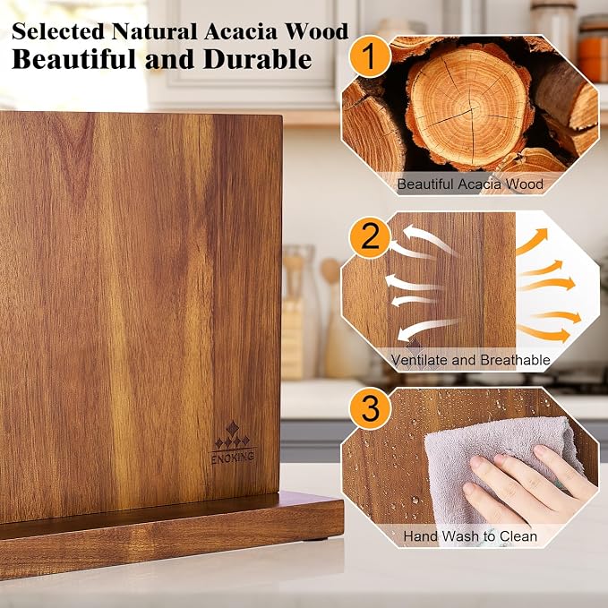 ENOKING Extra Large Magnetic Knife Block, 15.2-In Acacia Wood Knife Holder for Home Kitchen, Universal Knife Holder Stand with Strong Enhanced Magnets for Safe and Multifunctional Knife Storage