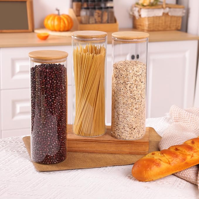 3pcs Glass Food Storage Containers with Bamboo Lids, 2qt Glass Jars | Large Airtight Food Storage Jars for Pantry, Flour, Sugar, Dry Goods