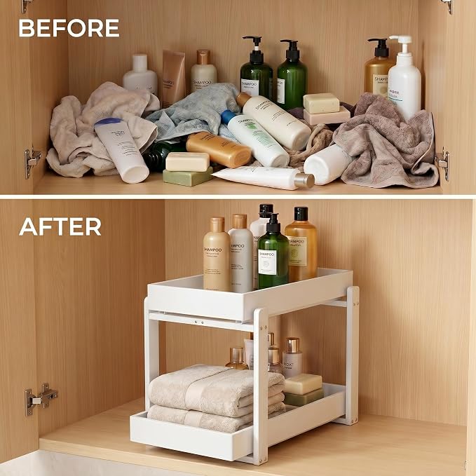 Bamboo Under Sink Organizer Adjustable Height 2 Tier Bathroom Organizer Pull Out Cabinet Storage Kitchen Heave Duty Wood Slide Ou Shelf for Kitchen Bathroom (Black, 2 Packs) (White, 2 Pack)