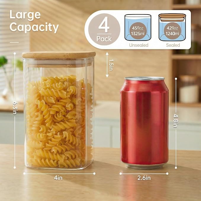 42 oz Square Glass Food Storage Containers with Airtight Bamboo Lids, 4Pack | Pantry Jars for Flour, Sugar, Pasta & Spices, Durable Borosilicate Glass Canister Keep Food Dry & Fresh, Easy to Fill & Clean