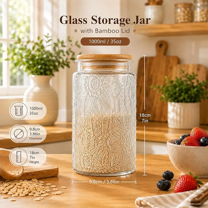 Glass Storage Jars with Airtight Bamboo Lid, 35 FL oz - Decorative Food Canisters for Kitchen Counter, Ideal for Sugar, Coffee, Tea, Candy, Cookies (35oz Large Sunflower)