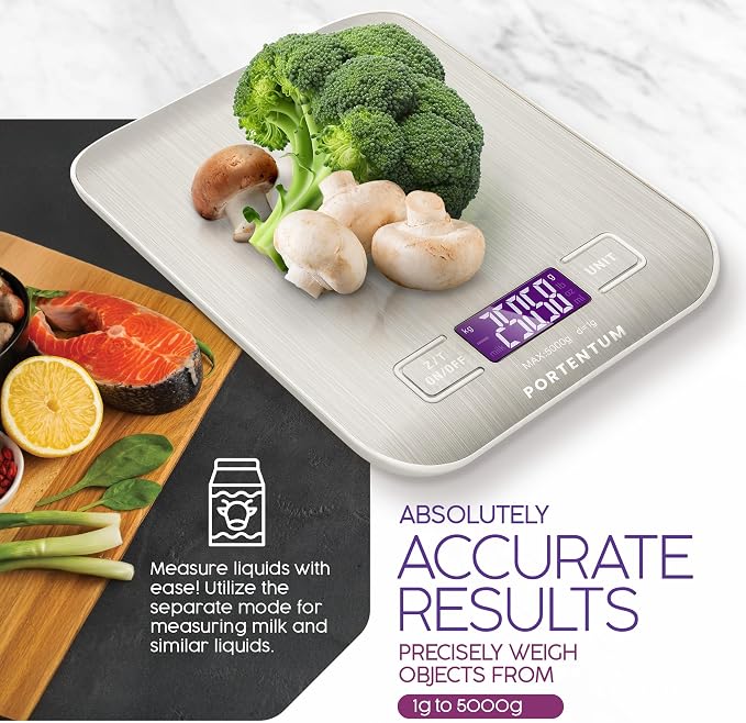 PORTENTUM Digital Kitchen Scales 5kg/11lb with Large LCD Display, Food Scales with Large Stainless Steel Weighing Surface, Liquid Measurement, High Precision up to 1 g, Tare Function,