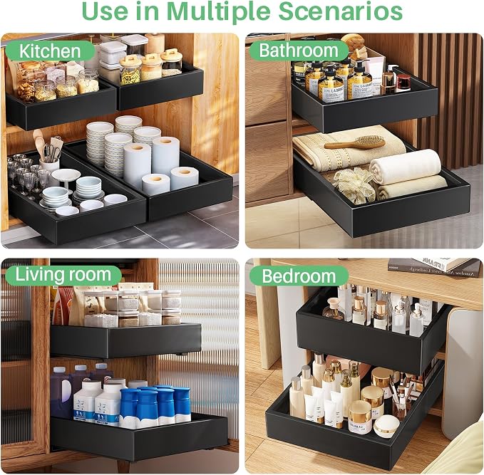 Pull out Cabinet Organizer, 21"Deep, 11.8"Wide Full-Extension Heavy Duty Slide out Drawers with Nano Adhesive, Roll Out Shelves Sliding Cabinet for Kitchen, Bathroom, Pantry,Under Sink Storage(Black)