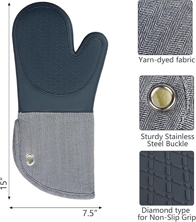 Professional Microwave Silicone Oven Mitts one Pair, Kitchen Mitten Set for Heat Resistant with 500 Degrees, Kitchen Gloves Pot Holder for BBQ Cooking Baking (Gray)