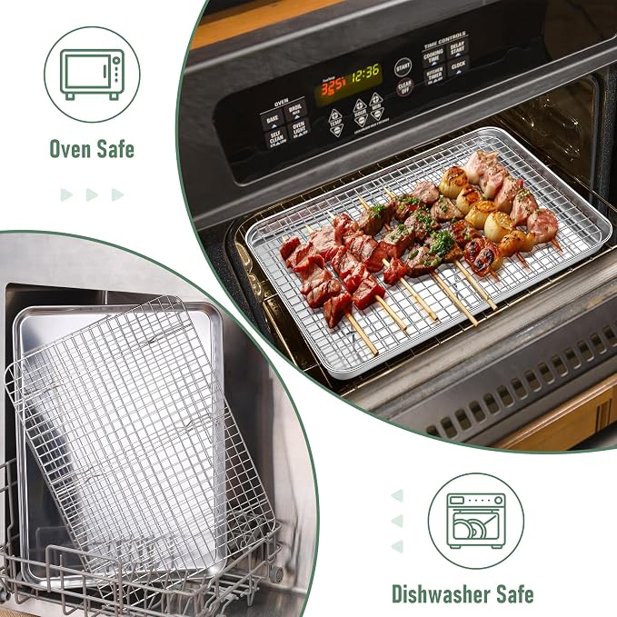 Homikit Jelly Roll Pan with Cooling Rack Set (2 Pans+2 Racks), 16" x 12" | Stainless Steel Baking Sheet Tray with Wire Grid Rack, Cookie Bacon Pan for Oven Cooking Roasting, Rust Proof & Nonstick