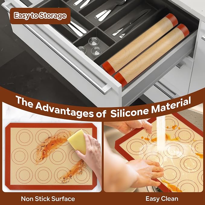 P&P CHEF 15 Inch Silicone Baking Mat, 2Pcs Non-stick Silicone Oven Mats | Reusable Baking Supplies for Macaroon Pastry Bread Dough Cookie Pizza, Good for Roasting Kneading, Fit Well with Sheet Pan
