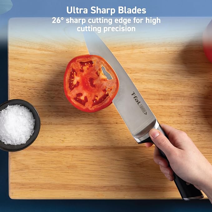 T-Fal Ice Force German Stainless Steel Santoku Knife, Utility knife 2 Piece, Long Lasting Sharpness, High Cutting Precision, Superior Durability, Ultra Sharp, Cookware Kitchen Knife, Cook Tool, Black
