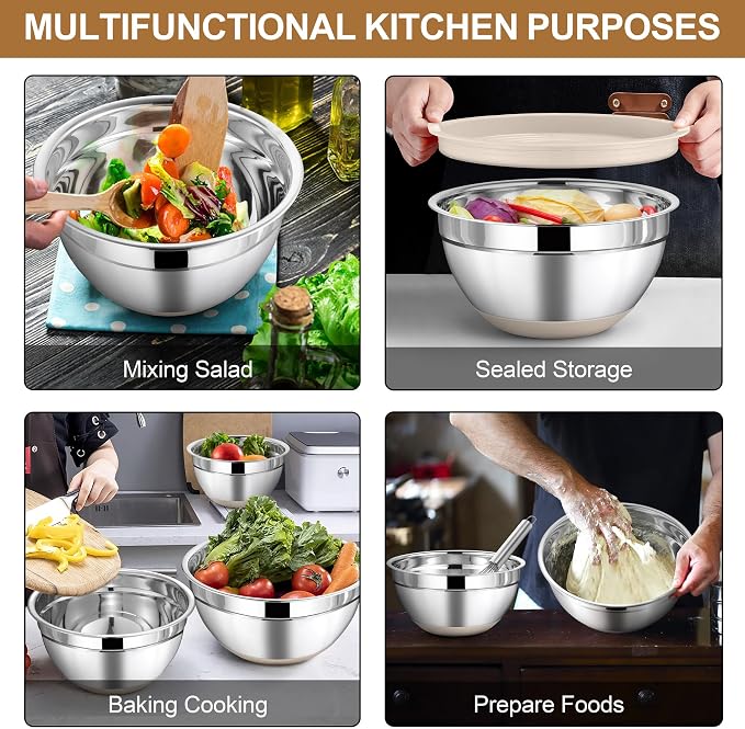 LIANYU 6 Piece Mixing Bowls Set with Airtight Lids, Metal Nesting Bowl | Size 7, 3.5, 2.5, 2, 1.5, 1QT, Stainless Steel Bowls for Kitchen Baking Cooking Serving Food Storage, Non-slip Bottom, Khaki