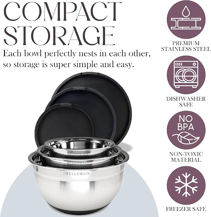 Bellemain Stainless Steel Non-Slip Mixing Bowls with Lids (5 Piece, Silver/Black)