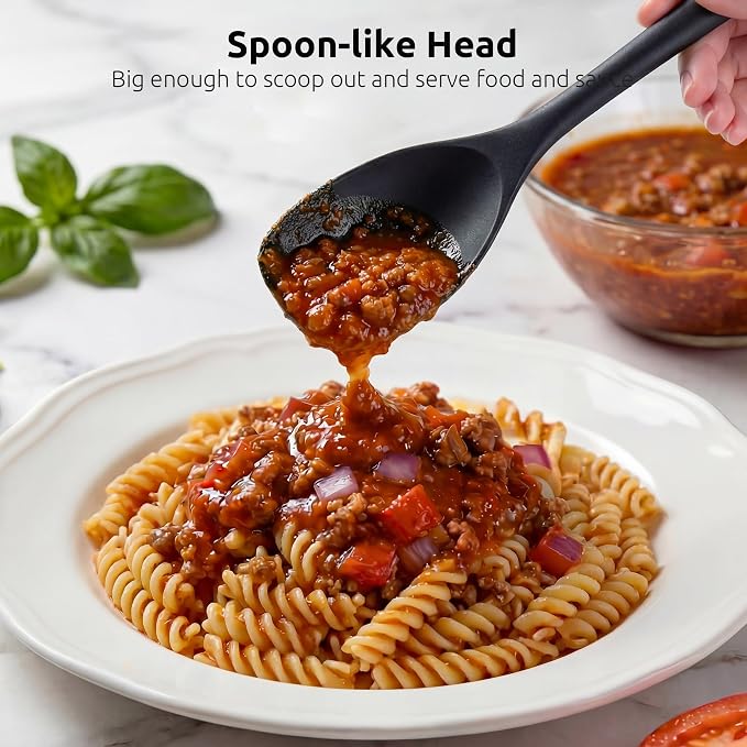 600ºF Heat Resistant Spatula Spoon: U-Taste Flexible Silicone Cooking Scoop Spoonula, Serving Mixing Scraping Food in Non-Stick Pan Cookware, Seamless Multifunctional Kitchen Utensil (Black)