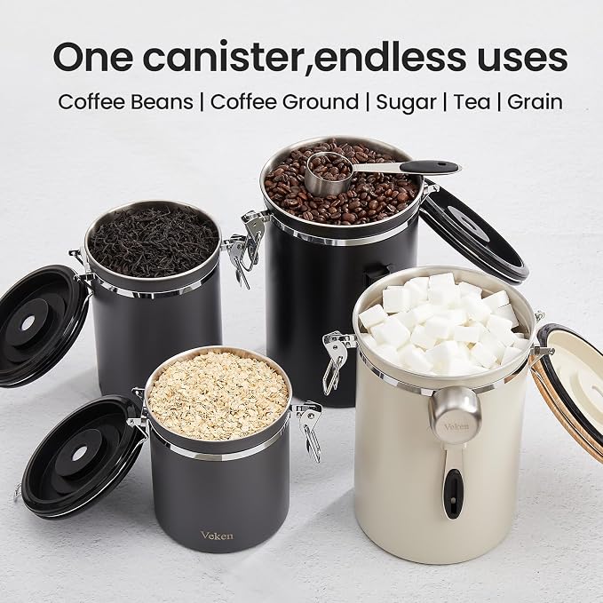 Veken Coffee Canister,39OZ, 2.2lbs,Large Airtight Stainless Steel Container | Kitchen Food Storage Jars for Beans,Ground, Espresso, Rice,Tea, Sugar,Cookie, Bar Accessories,Gifts, Scoop, Gray