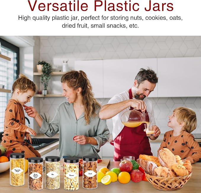 PeacePeo 16 OZ Plastic Jars with Lids, 24 Pack Clear Storage Containers | Large Capacity Clear Storage Jars, Straight Cylinders, Refillable, Airtight and Wide-Mouth for Household Storage