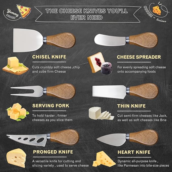 Cheese Knives Set,Stainless Steel Cheese Knife Collection Cheese Slicer Cheese Cutter Cheese Fork,Cheese Spreading Knife Cheese Markers for Charcuterie Boards Accessories Charcuterie Utensils
