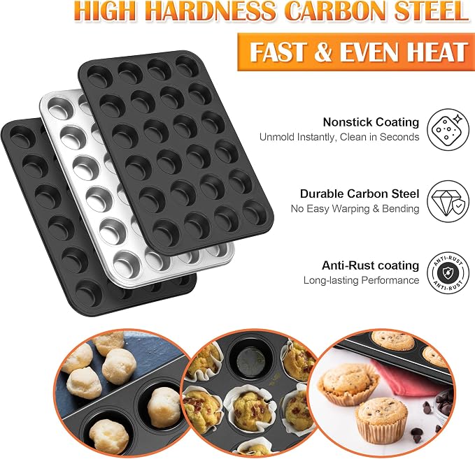E-far Mini Muffin Pan, 24-Cup Nonstick Carbon Steel Cupcake Pan for Baking | Muffin Tin for Mini Muffins & Cupcakes, Warp-Free for Even Baking & Easy Release, Oven Safe