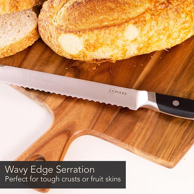 SKWARE Bread Knife - 10 Inch Long Bread Slicer Knife - Premium Serrated German Stainless Steel - Sharp, Deep, Wide Serrations for Optimal Bite - Black