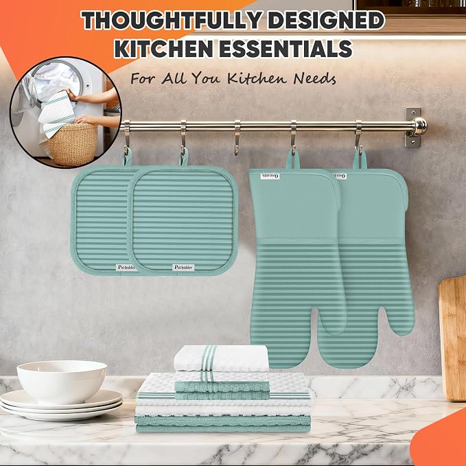 Oven Mitts Kitchen Towels and Dishcloths with Pot Holders Sets, Oven Gloves Hot Pads 500°F Heat Resistant with Silicone Grip, Include 2 Cooking Gloves/2 Potholders/4 Kitchen Towels/4 Dish Towels