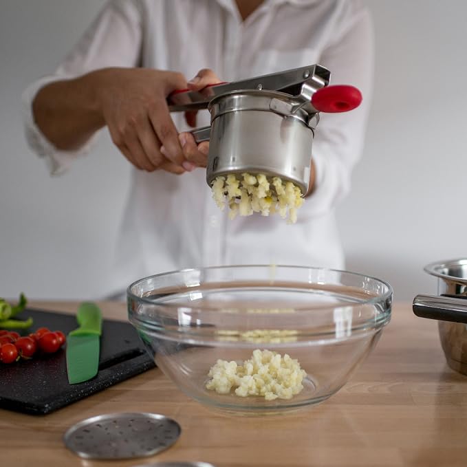 Potato Ricer Set with 3 Ricing Discs (Fine, Medium, Coarse) - Premium Stainless Steel Baby Food Strainer, Fruit Masher, and Food Press with Ergonomic Comfort Grip