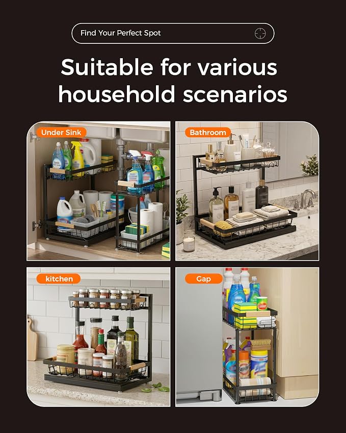 3-Pack 2-Tier Height Adjustable Under Sink Organizer, Black | Multi-purpose metal storage shelf with sliding shelves for kitchen, bathroom, pantry & laundry cabinet