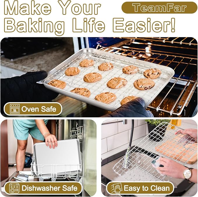 TeamFar Baking Sheet with Rack, Stainless Steel Sheet Pan-16/12.5/9 Inch | Cookie Sheets Baking Trays and Cooling Racks for Cooking, Non-Toxic & Heavy Duty, Dishwasher Safe, 6 PCS (3 Pans + 3 Racks)