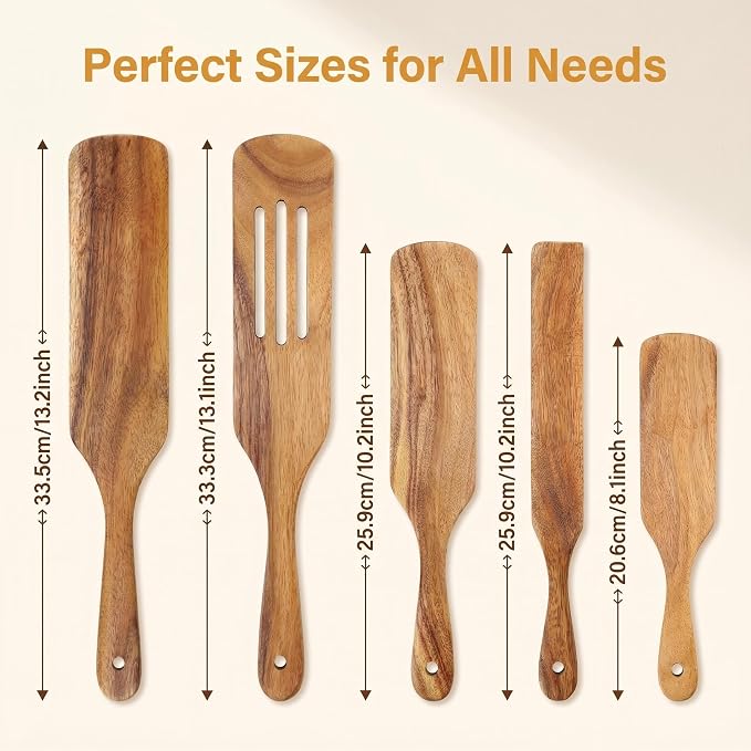 Wooden Spurtle Set As Seen On TV, AOOSY 5 Pcs Natural Acacia Wood Spatula Kitchen Tools Utensil Set Heat Resistant Non Stick Wood Cookware, Slotted Spatula for Stirring