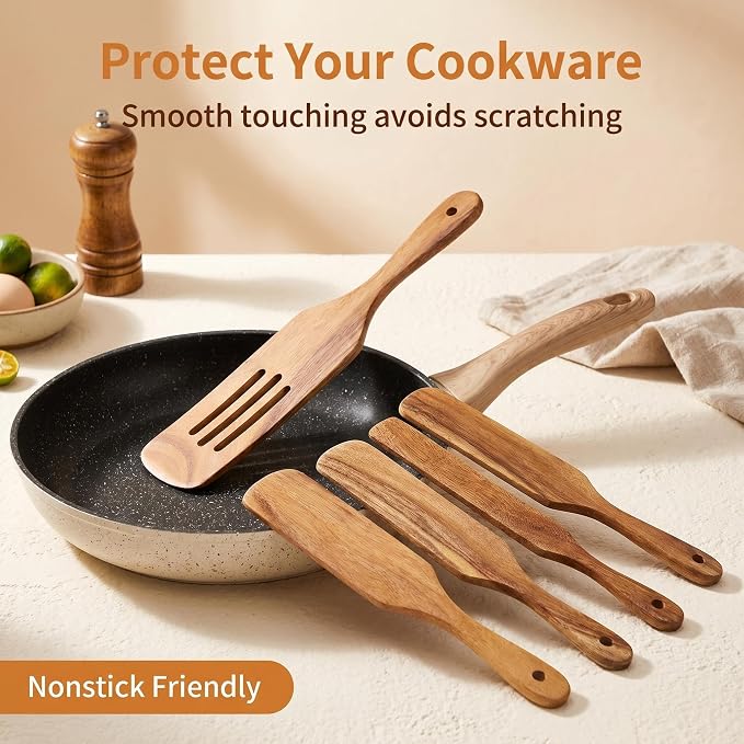 Wooden Spurtle Set As Seen On TV, AOOSY 5 Pcs Natural Acacia Wood Spatula Kitchen Tools Utensil Set Heat Resistant Non Stick Wood Cookware, Slotted Spatula for Stirring