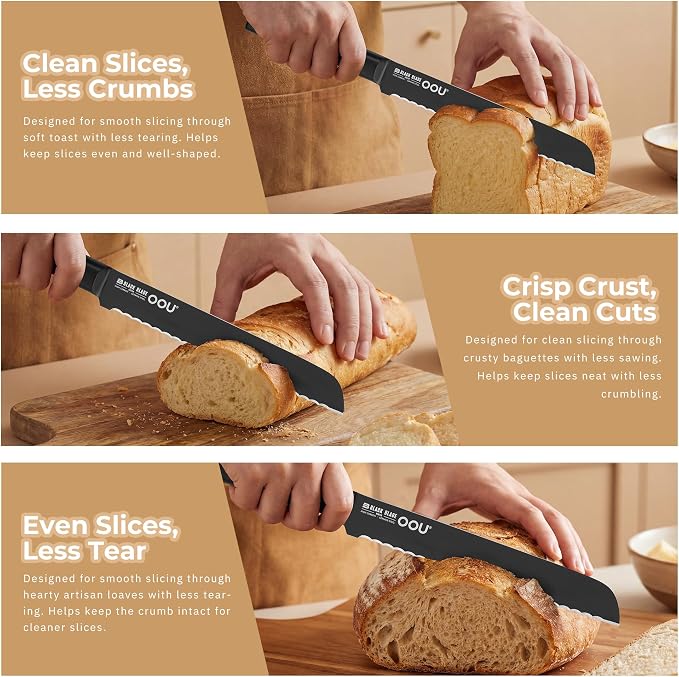 OOU® Black Blade 8 Inch Bread Knife with AgShield™ & Cerablack™ Technology, Rust-Resistant & Easy-Clean Finish, Serrated Edge for Sourdough, Bagels & Cake