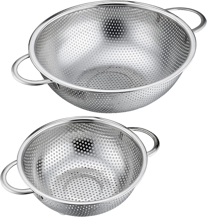 P&P CHEF Stainless Steel Colander, Micro-Perforated Food Strainer with Handle for Washing Draining, Great for Pasta Fruits Vegetables, Dishwasher Safe & Healthy, 1 +3 Qt, 2Pcs