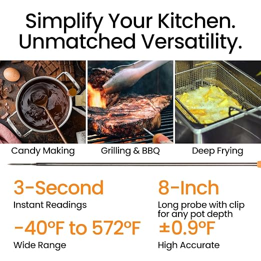 AI Bluetooth Candy & Meat Thermometer with HB Negative LCD, Smart Alerts via App (Type-C Rechargeable) Digital Instant Reading for Candy, BBQ, Deep Frying, & Liquids, 8" Long Probe,CT200-BT