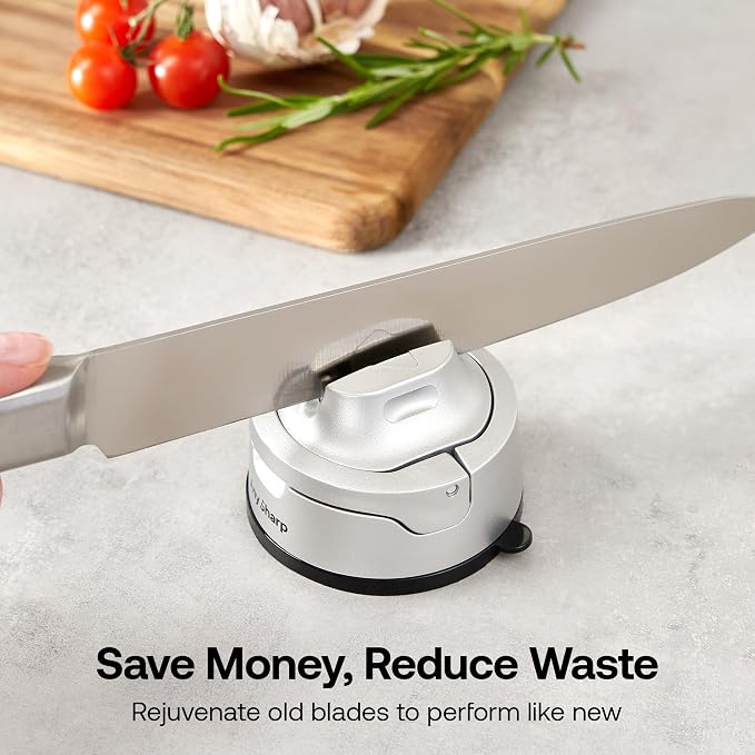 AnySharp – Evo – Hands Free Knife Sharpener - Easy to Use Sharpening Tool with Improved PowerGrip Suction Base and 20-Deg Pre-Set Angle - for All Knives: Chef's, Serrated, and Hardened Steel - Silver