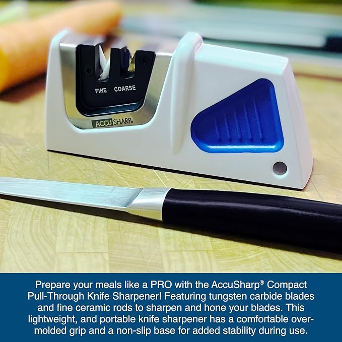 AccuSharp Compact Pull-Through 2-Stage Knife Sharpener, Repairs & Restores Kitchen Knives, Hunting Knives, Straight or Serrated Blades, Diamond-Honed Tungsten Carbide, Fine Ceramic Rods, White/Blue