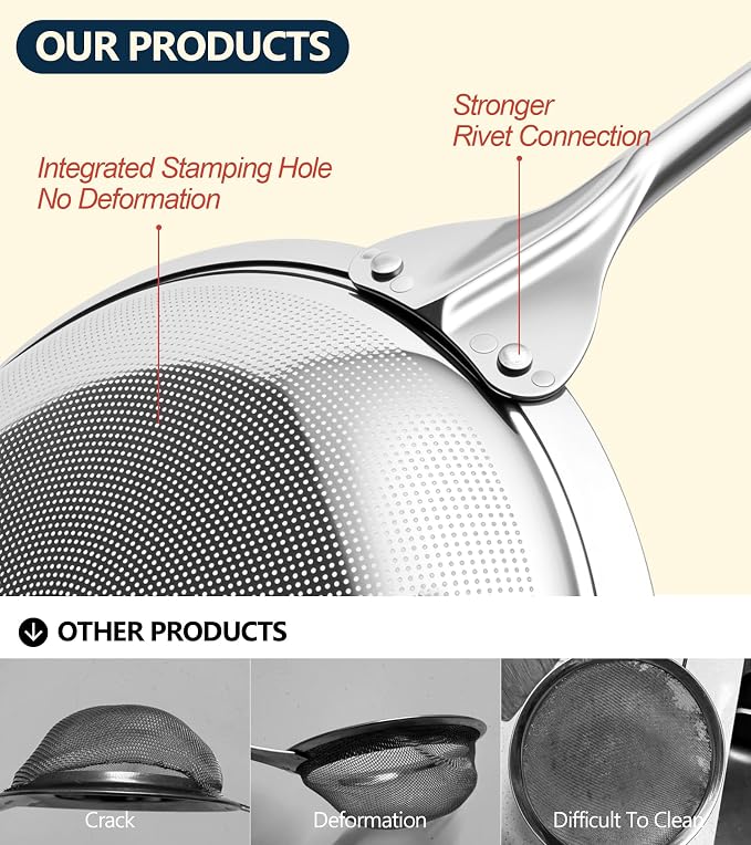 Ugotit Skimmer Spoon - Extra Large Stainless Steel Fine Mesh Strainer for Soup, Pasta & Deep Frying, Bacon Fat Filter with Thickened Grip (DIA 5.9 Inch)