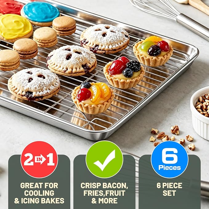 Baking Sheet with Rack Set (3 Pans + 3 Racks), 9/12/16 Inch Stainless Steel Cookie Sheet Baking Pan Tray with Cooling Rack, Jelly Roll Pan with Wire Rack, Warp Resistant & Heavy Duty & Rust Proof