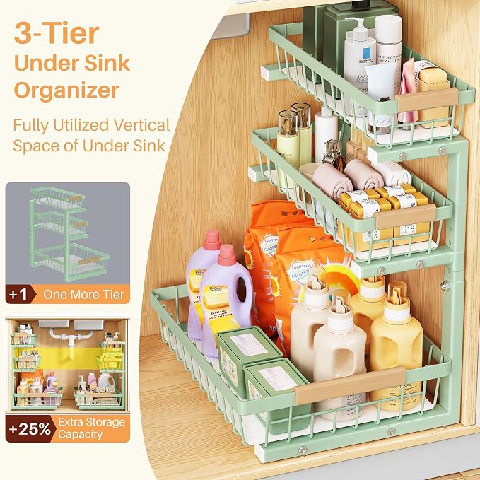 PXRACK Under Sink Organizer, 1-Pack 3-Tier Height Adjustable Thickened Metal Pull out Cabinet Organizer Shelf, Slide out Storage Drawer Rack for Bathroom Kitchen Pantry Home Organization, Green