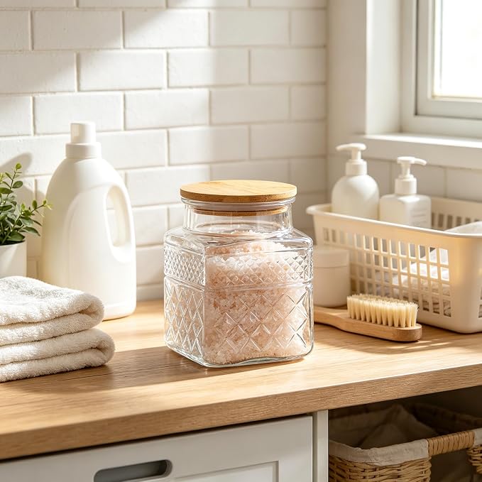 38 FL OZ Glass Storage Jar with Vintage Pattern and Airtight Lid,Square | Kitchen Pantry Coffee bar Canister for Coffee Sugar Cereal Nut Candy, Airtight Bamboo Lid, Thick Glass,Wide Mouth Opening