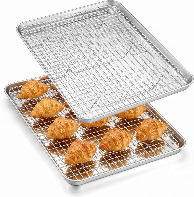 Homikit Jelly Roll Pan with Cooling Rack Set (2 Pans+2 Racks), 16" x 12" | Stainless Steel Baking Sheet Tray with Wire Grid Rack, Cookie Bacon Pan for Oven Cooking Roasting, Rust Proof & Nonstick