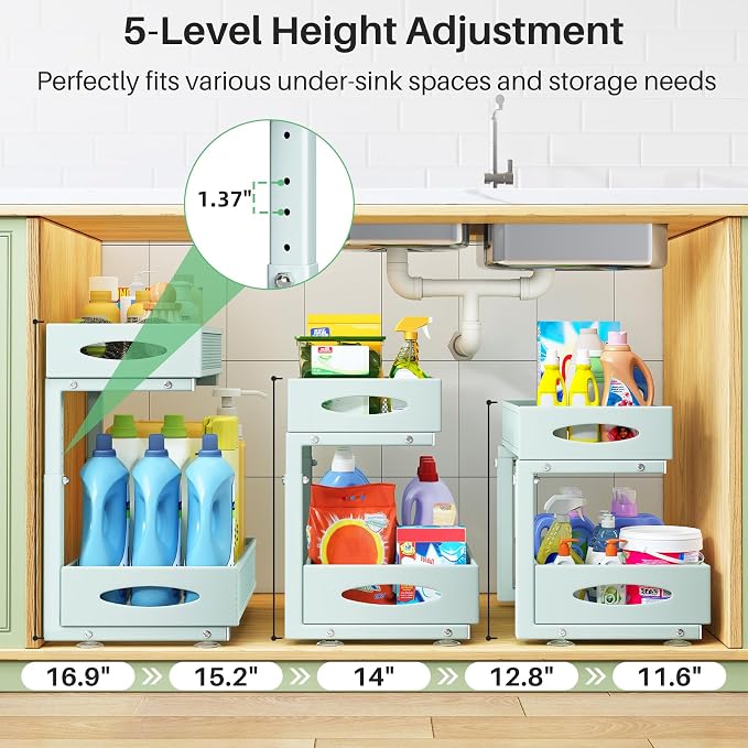 2 Pack Under Sink Organizer, 2 Tier Pull out Cabinet Organizer Mesh Baskets with 5 Adjustable Heights, Sliding Drawers Storage Shelf for Home, Kitchen, Bathroom, Pantry, Office, Countertop ,Blue