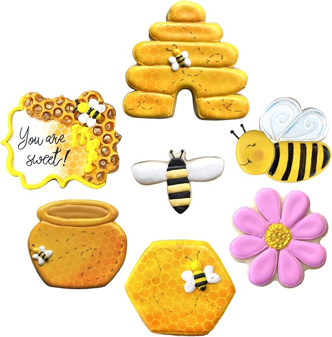 Ann Clark Cookie Cutters Bee Cookie Cutters 7-Pc. Set (Cute Bee, Small Flower, Honey Pot, Beehive, Honeycomb and more) Made in USA