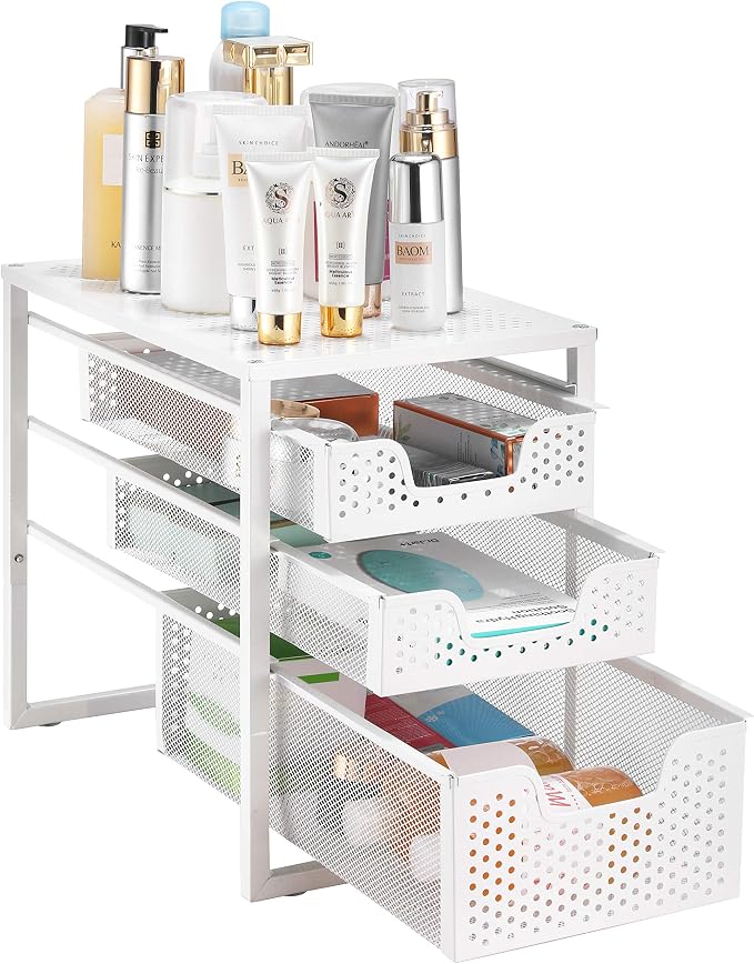 Simple Trending Under Sink Organizer 3-Tier with Sliding Storage Drawer | Multi-Purpose Desktop Organizer, Metal Cabinet Organizer for Kitchen Bathroom Office, Stackbale, Space Saving, White