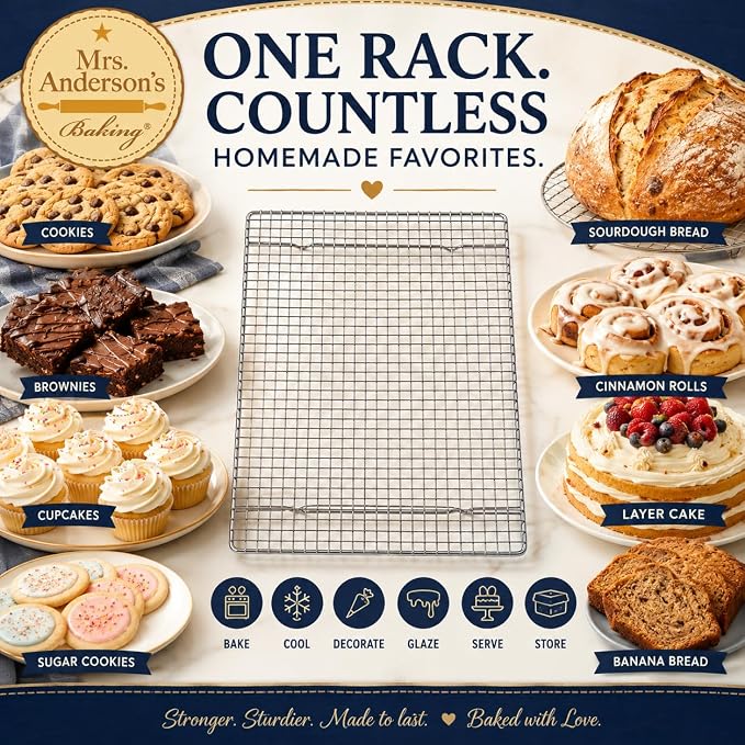 Mrs. Anderson's Baking Professional Cooling Rack, Heavy Duty Steel, Fits Half Sheet Pans, 16.5 x 11.875 x 0.625-Inches