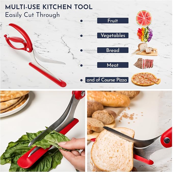 Pizza Scissors - Non-Stick Pizza Scissors with Firm Grip Base - Food Grade Stainless Steel Pizza Cutter - 5-in-1 Food Slicer & Pizza Server - Durable, Safe & Mess Free - Red
