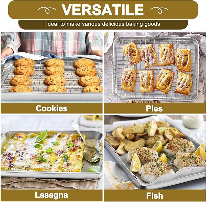 TeamFar Baking Sheet with Rack, Stainless Steel Sheet Pan-16/12.5/9 Inch | Cookie Sheets Baking Trays and Cooling Racks for Cooking, Non-Toxic & Heavy Duty, Dishwasher Safe, 6 PCS (3 Pans + 3 Racks)