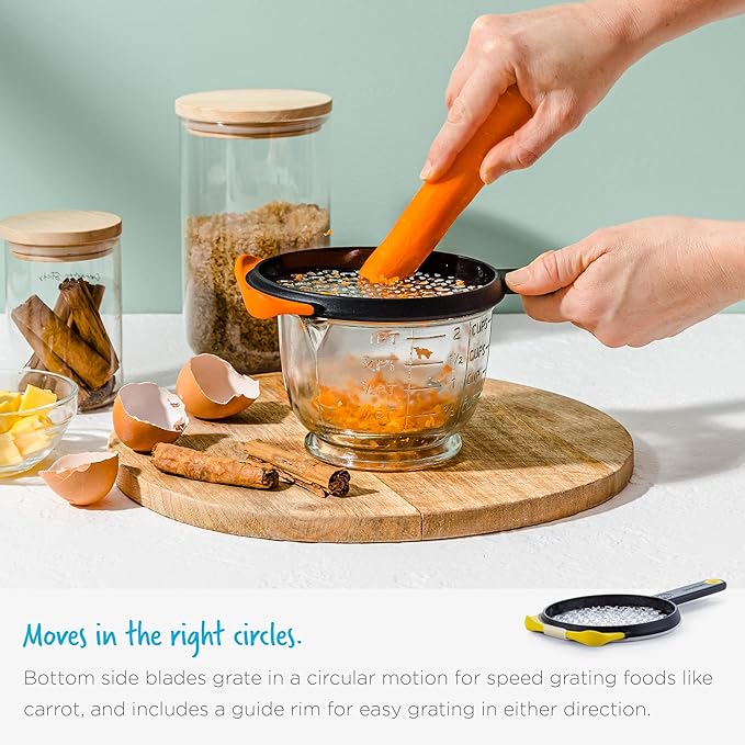 Dreamfarm Ograte Double Sided Cheese Grater - 6mm Coarse Grating, Orange | Multi-directional handheld food and vegetable shredding plane with bowl hook and non-slip foot, flat for space-saving storage