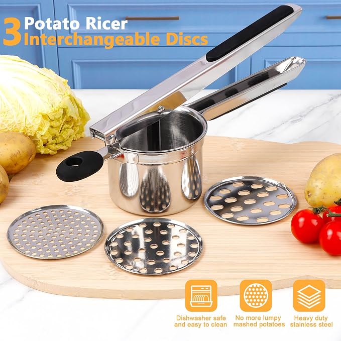 KAYCROWN Potato Ricer With 3 Discs, Heavy Duty Stainless Steel Potato Masher and Ricer for Mashed Potatoes Tool, Lemon Squeezer Spaetzle Maker
