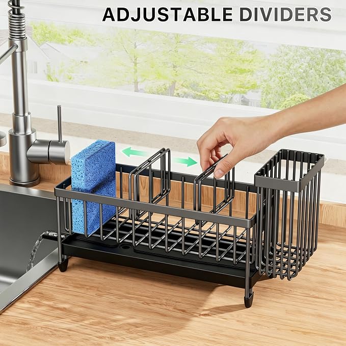 Cisily Sponge Holder for Kitchen Sink, Sink Caddy Organizer with High Brush Holder, Kitchen Countertop Organizers and Storage Essentials, Rustproof 304 Stainless Steel (Dark Grey, 9.25″)