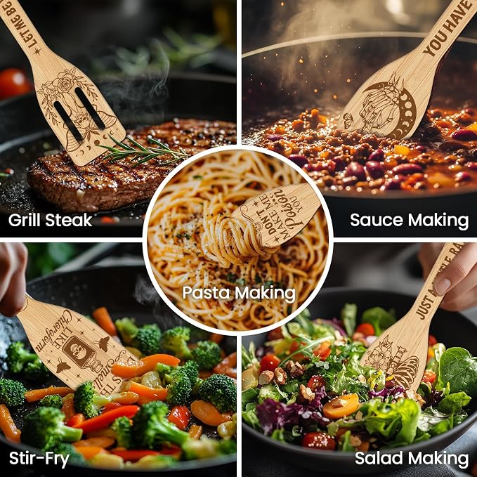 CUTHOLLOW 6PCS Skeleton and Moon Wooden Kitchen Cooking Utensil Set, 11.9in Non Toxic Bamboo Wood Spoon Set for Cooking, Best Housewarming Halloween Decor Gift for Women Mother