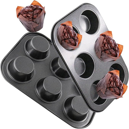 2 Packs Round Muffin Baking Pan, Premium Steel Muffin Pan for Baking, Cupcake Tin Cheesecake Pans, Bakeware Muffin Top Pan (6 Cups,Black)