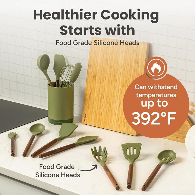 Silicone Kitchen Utensils Set & Holder: Cooking Utensils Set - Kitchen Essentials for New Home & 1st Apartment- Silicone Spatula Set, Cooking Spoons for Nonstick Cookware (Acacia Wood, Green)