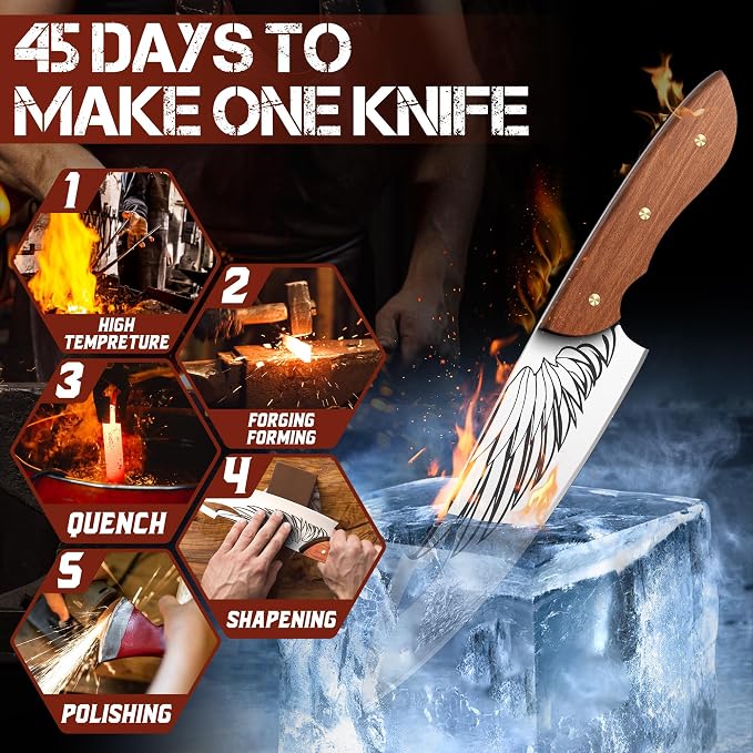 ROCOCO Cleaver Knife for Meat Cutting Butcher Viking Boning Knife Hand Forged In Fire Chopping Cutter with Sheath Outdoor BBQ Camping Birthday Christmas Chef Gift Idea Men 8.4"