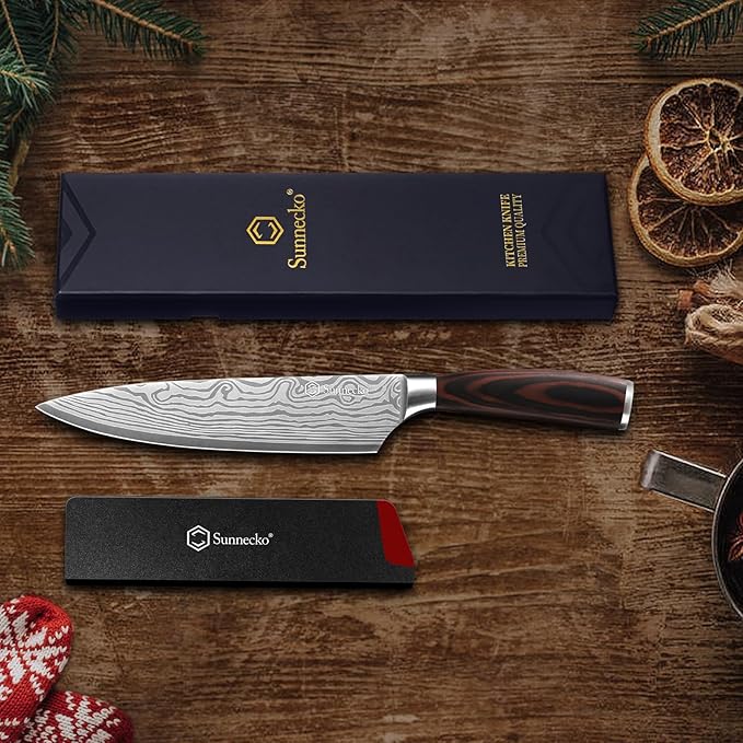 Sunnecko 8 Inch Chef Knife - Ultra Sharp 12-15 Degree Edge Kitchen Knife for Meat Vegetable Cutting Japanese Style, High Carbon Stainless Steel Blade, Pakkawood Handle &Sheath, Cooking Father Day Gift